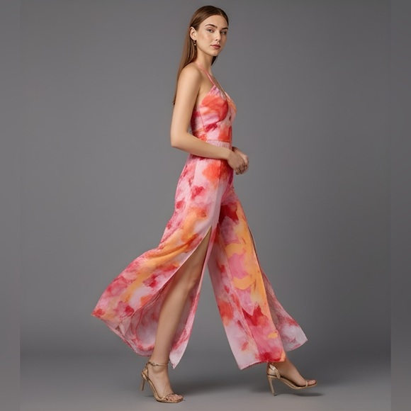 Chiffon Tie Dye Split Thigh Wide Leg Jumpsuit - Picture 1 of 9